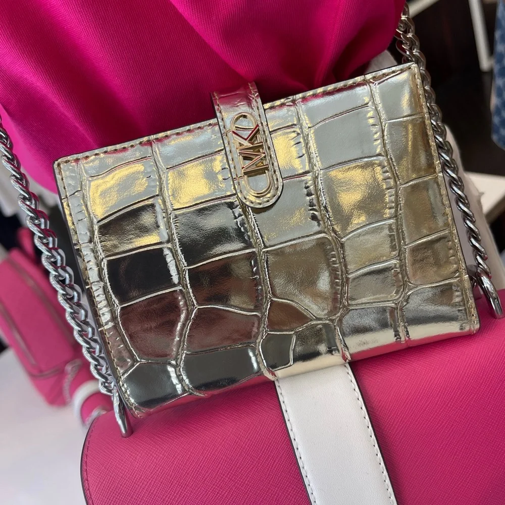 Michael Kors Empire Metallic Crocodile Embossed Leather Passport Wallet Pale Gld